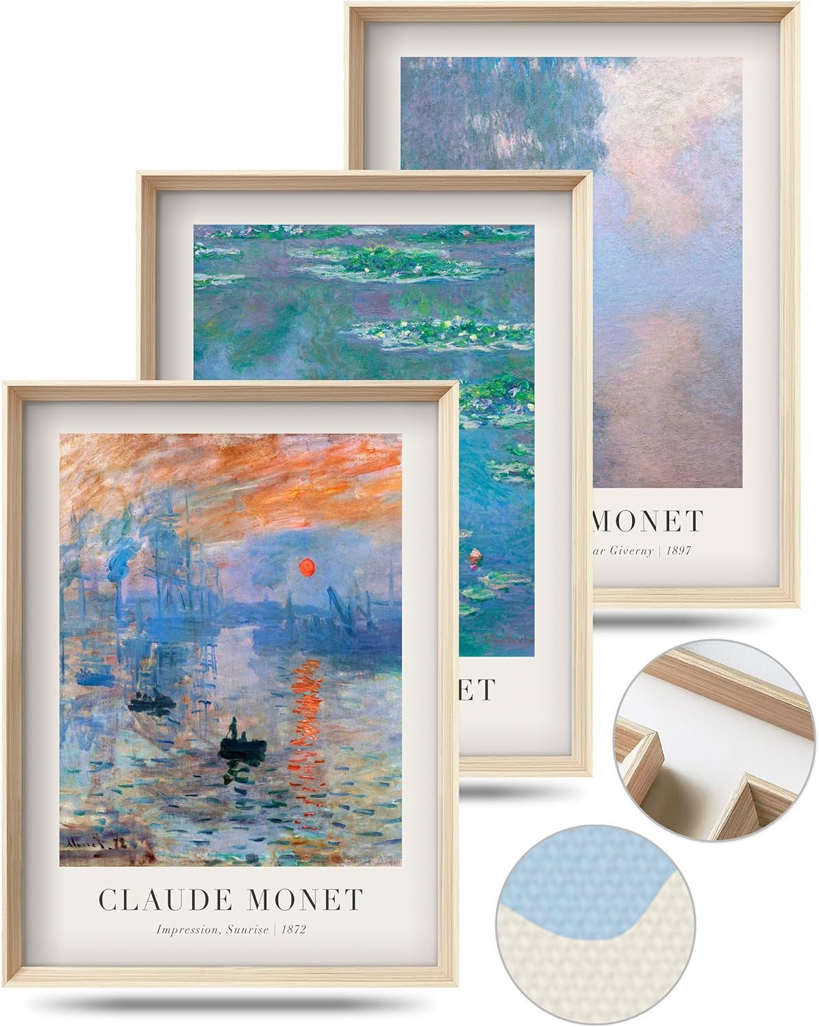 Three overlapping framed Claude Monet canvas reproductions in light wood frames with small texture and frame detail circles.
