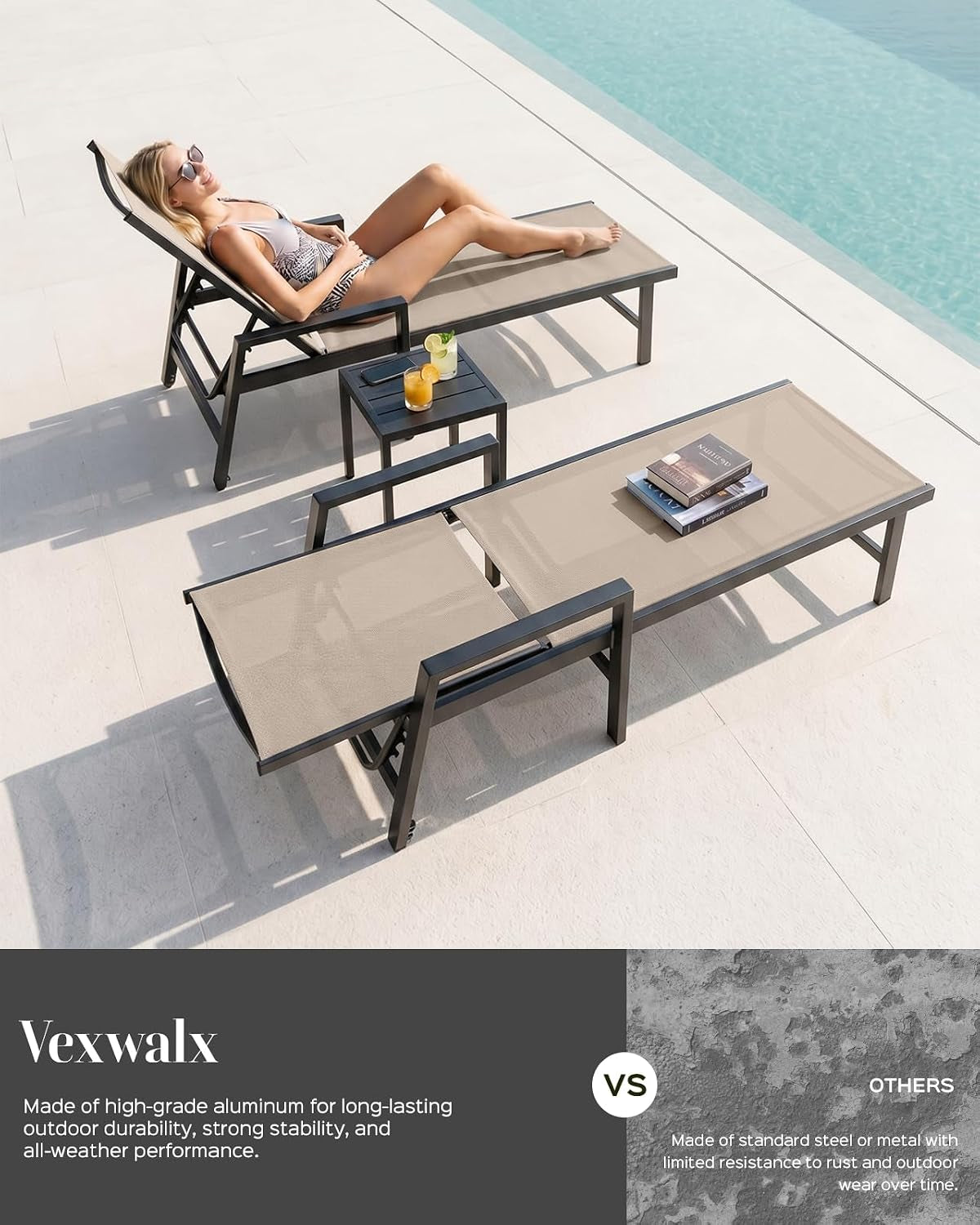 Poolside scene with a khaki chaise lounge and small side table, woman reclining with sunglasses.