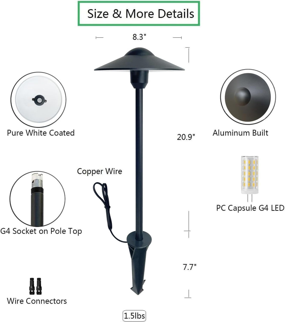 Diagram view of a pathway light showing 8.3-inch top diameter, 20.9-inch overall height, wire and stake details