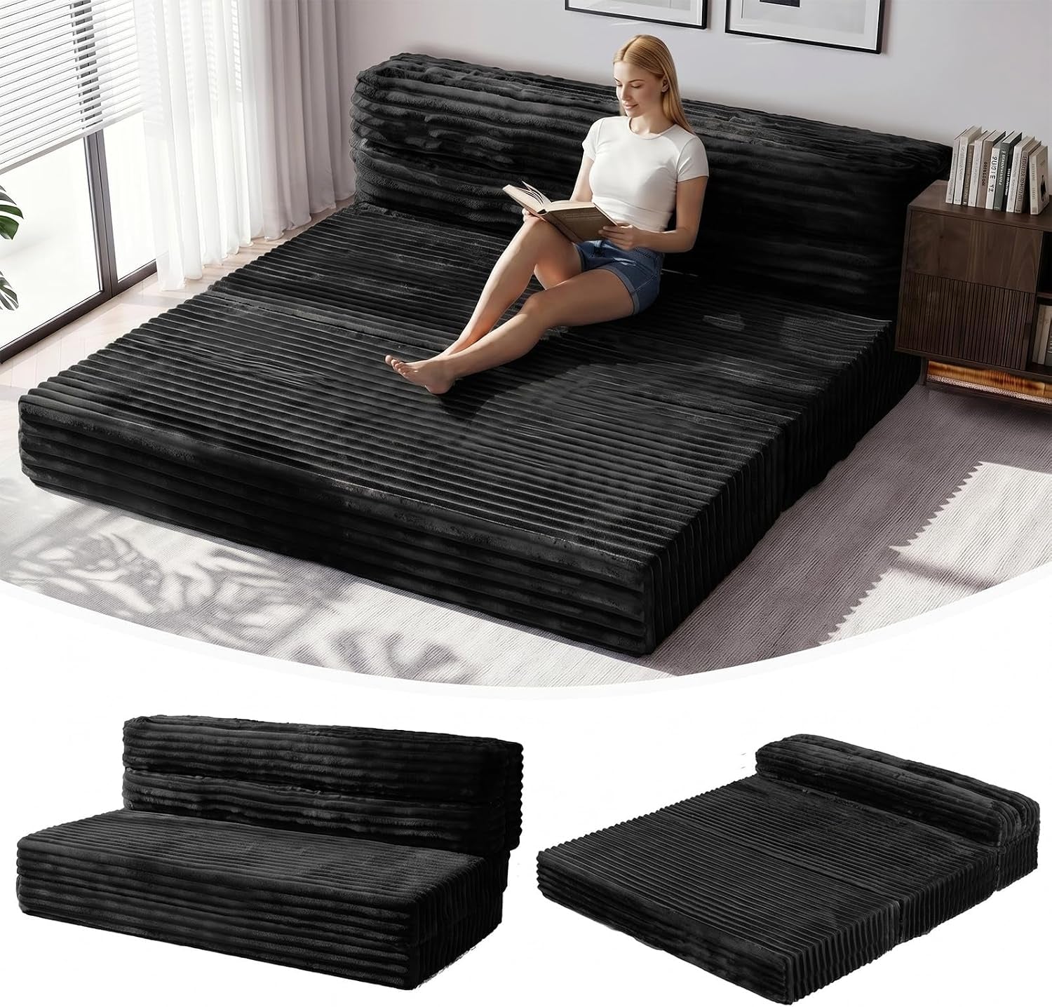 Top-down room view of the dark foldable floor sofa with a woman on it and two small images showing folded and flat setups.