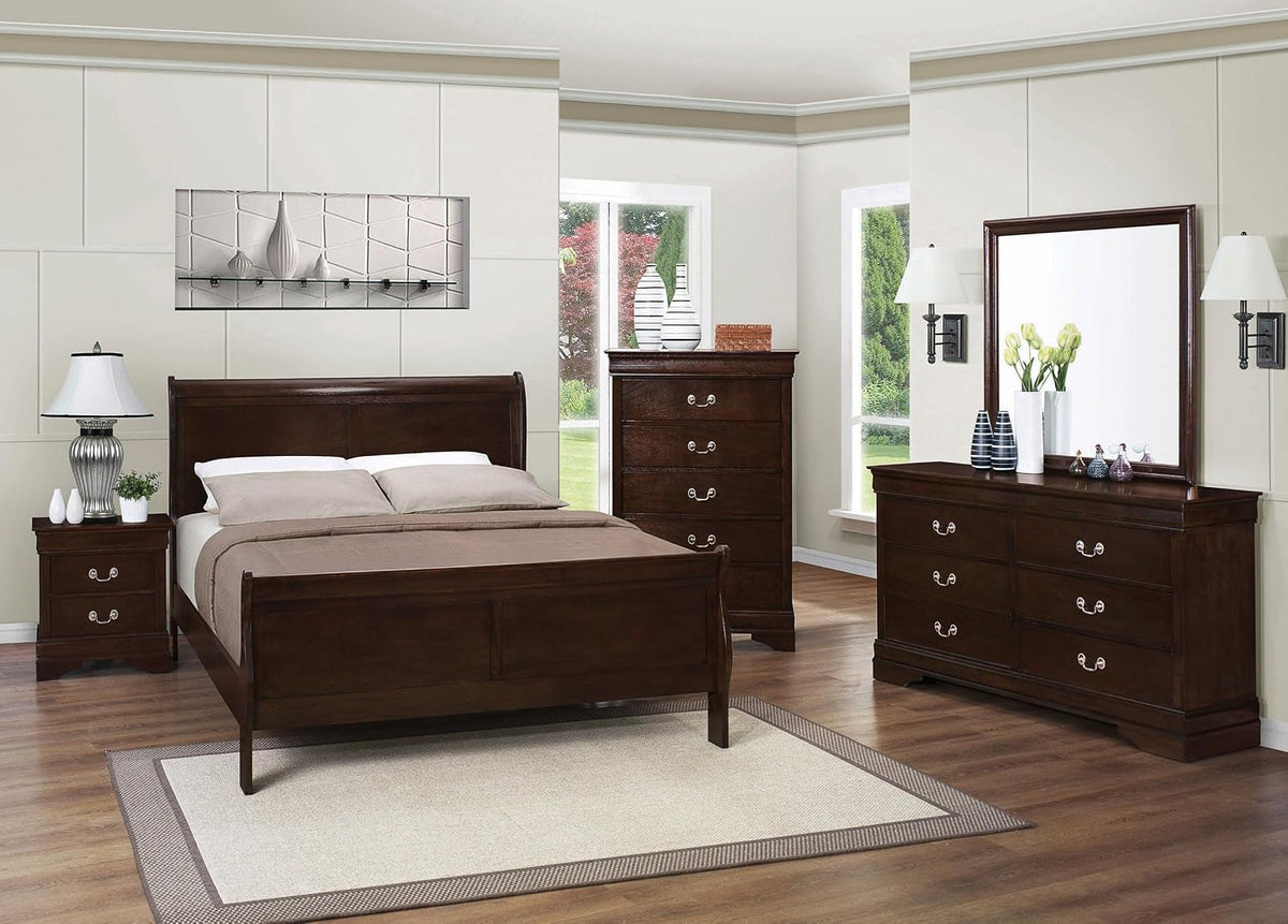 Cappuccino sleigh bed and matching dresser, mirror, chest and nightstand in a staged bedroom setting, front view