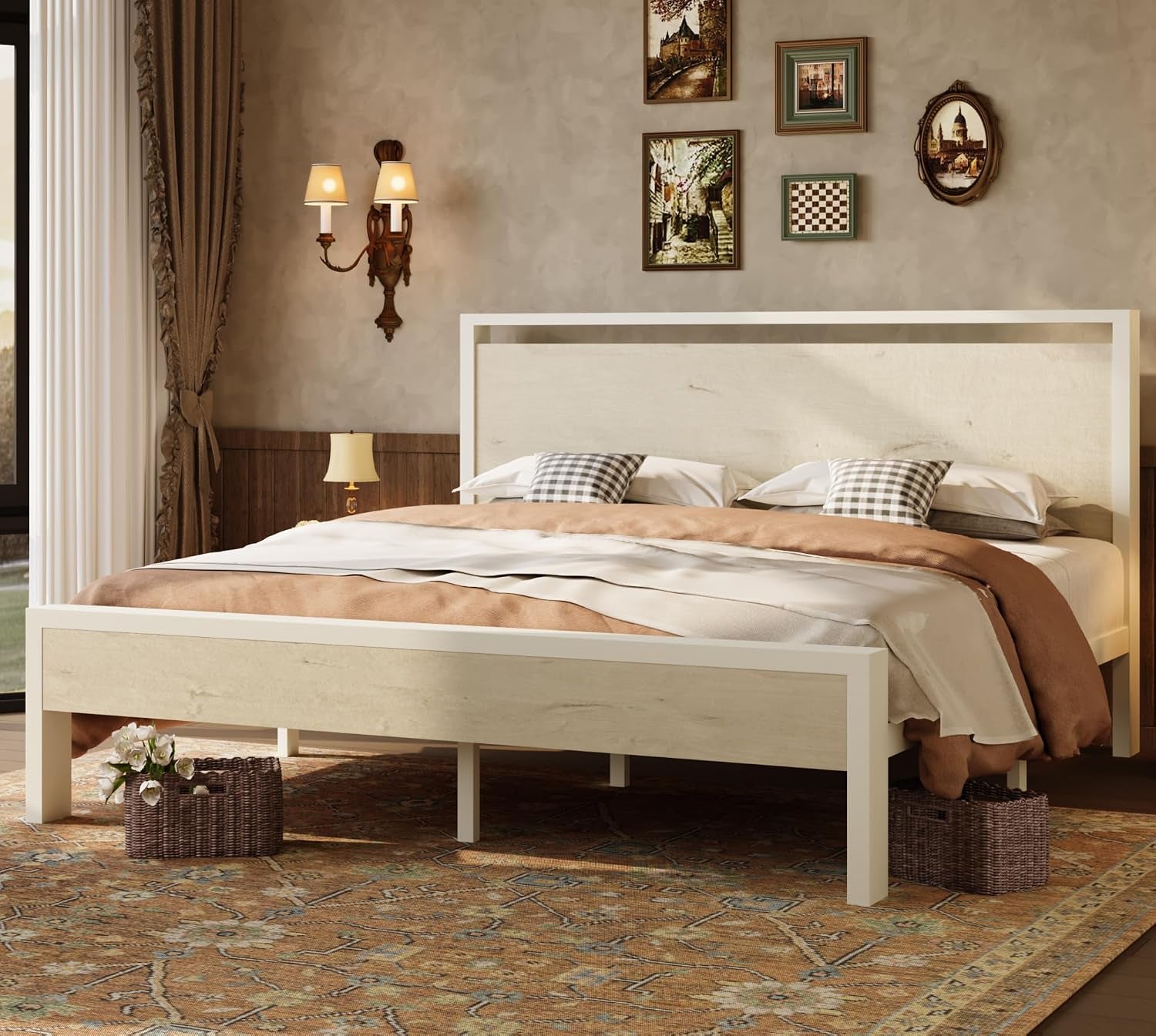 Light cream wood platform bed with matching headboard and footboard on patterned rug