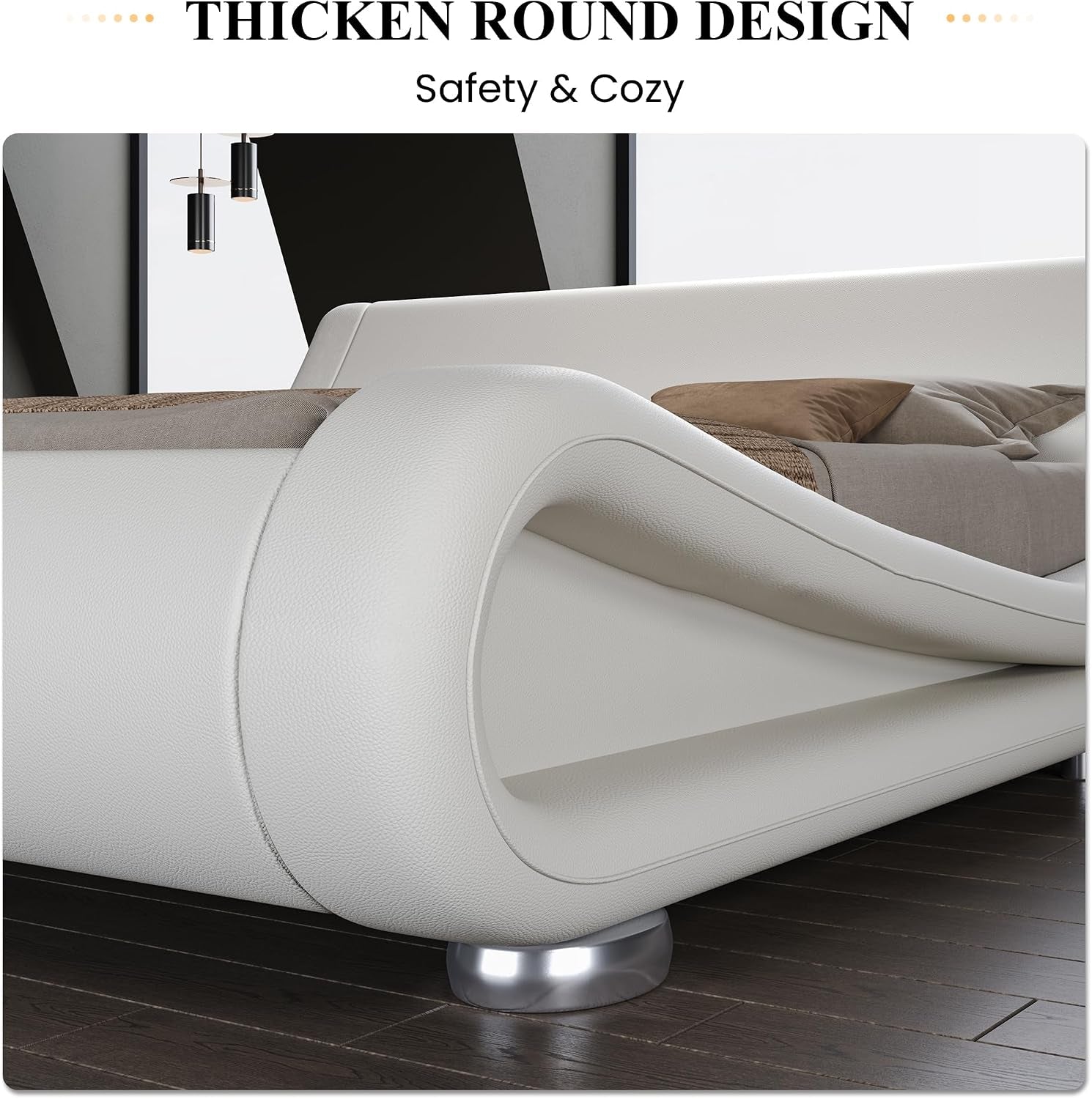 Close-up of rounded footboard edge and silver round leg on white faux leather platform bed