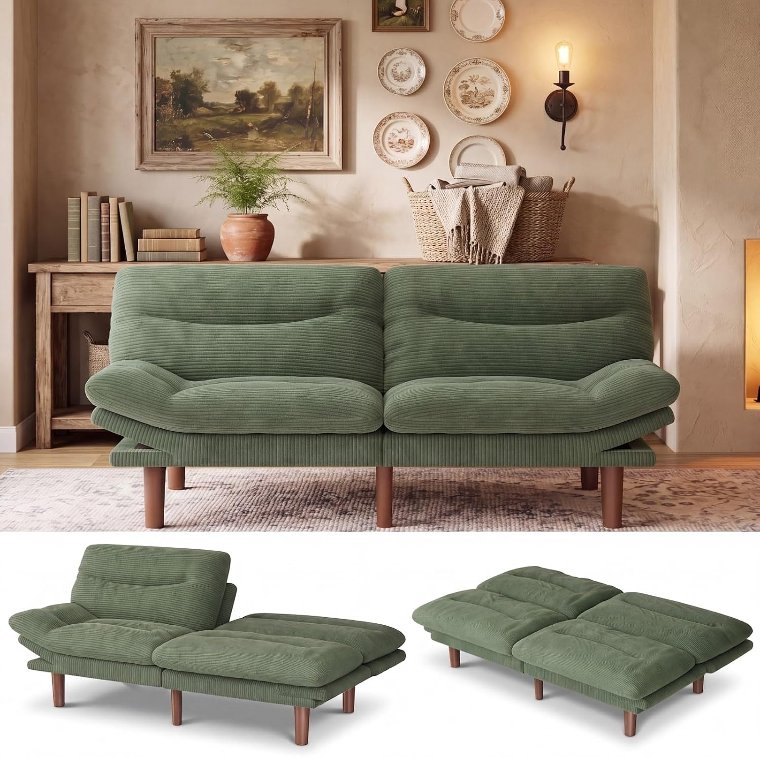 Front view of a moss green corduroy futon sofa bed staged in a cozy room