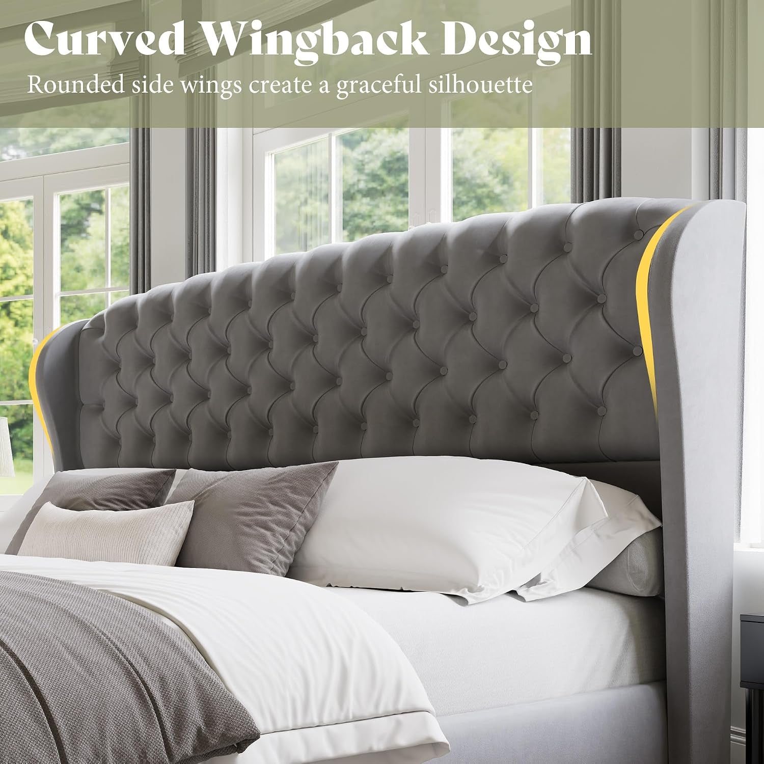 Close-up of curved gray tufted wingback headboard showing rounded side wings and button tufting