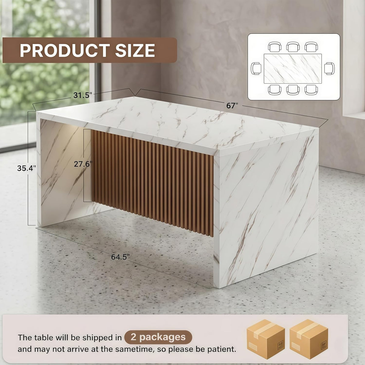 White faux-marble island table shown at an angle with measurement labels and a layout graphic.