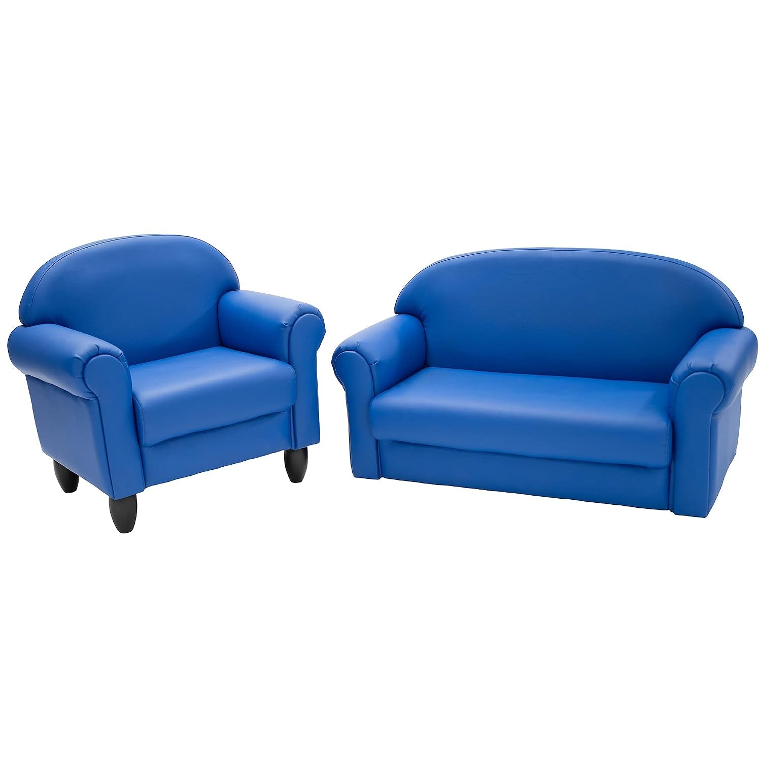 Two-piece kids set on white background: a single chair and matching two-seat sofa in bright blue.