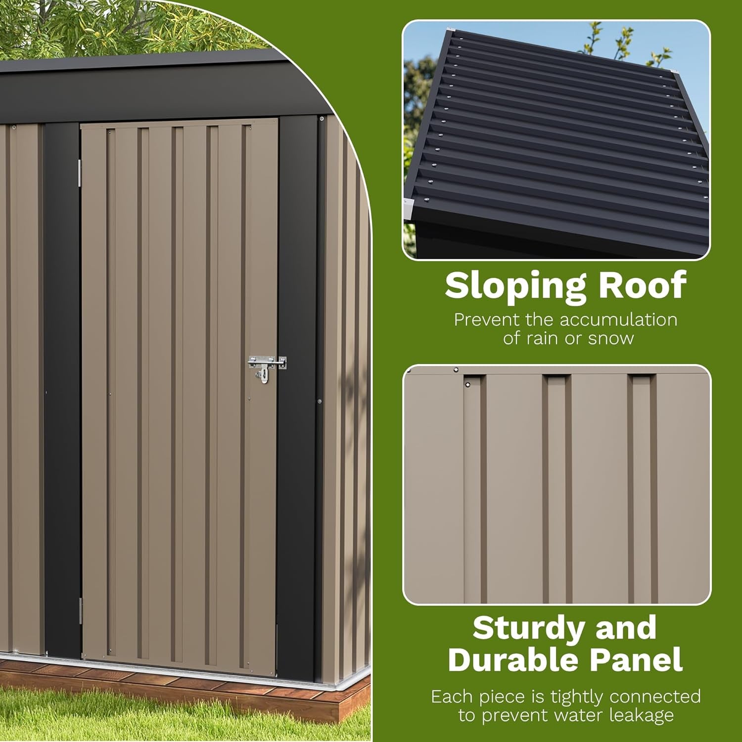Composite close-ups showing the shed's ridged sloping metal roof and a detailed view of the vertical beige metal wall panels