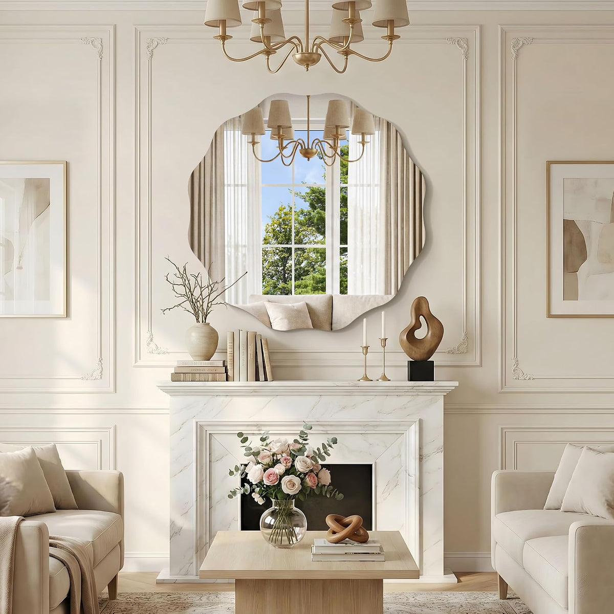 Cropped frontal shot of the scalloped mirror over the mantel showing fireplace surround, decorative objects on the mantel