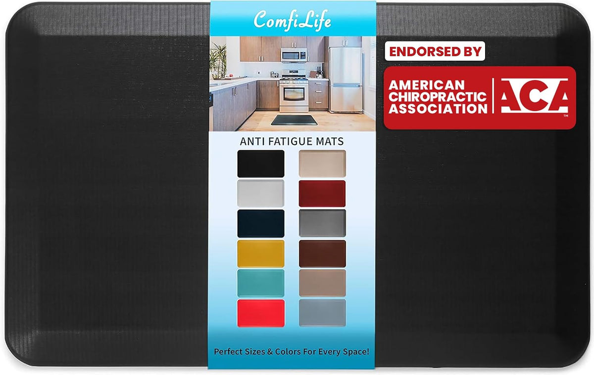Black floor mat with packaging label showing color swatches and a kitchen scene