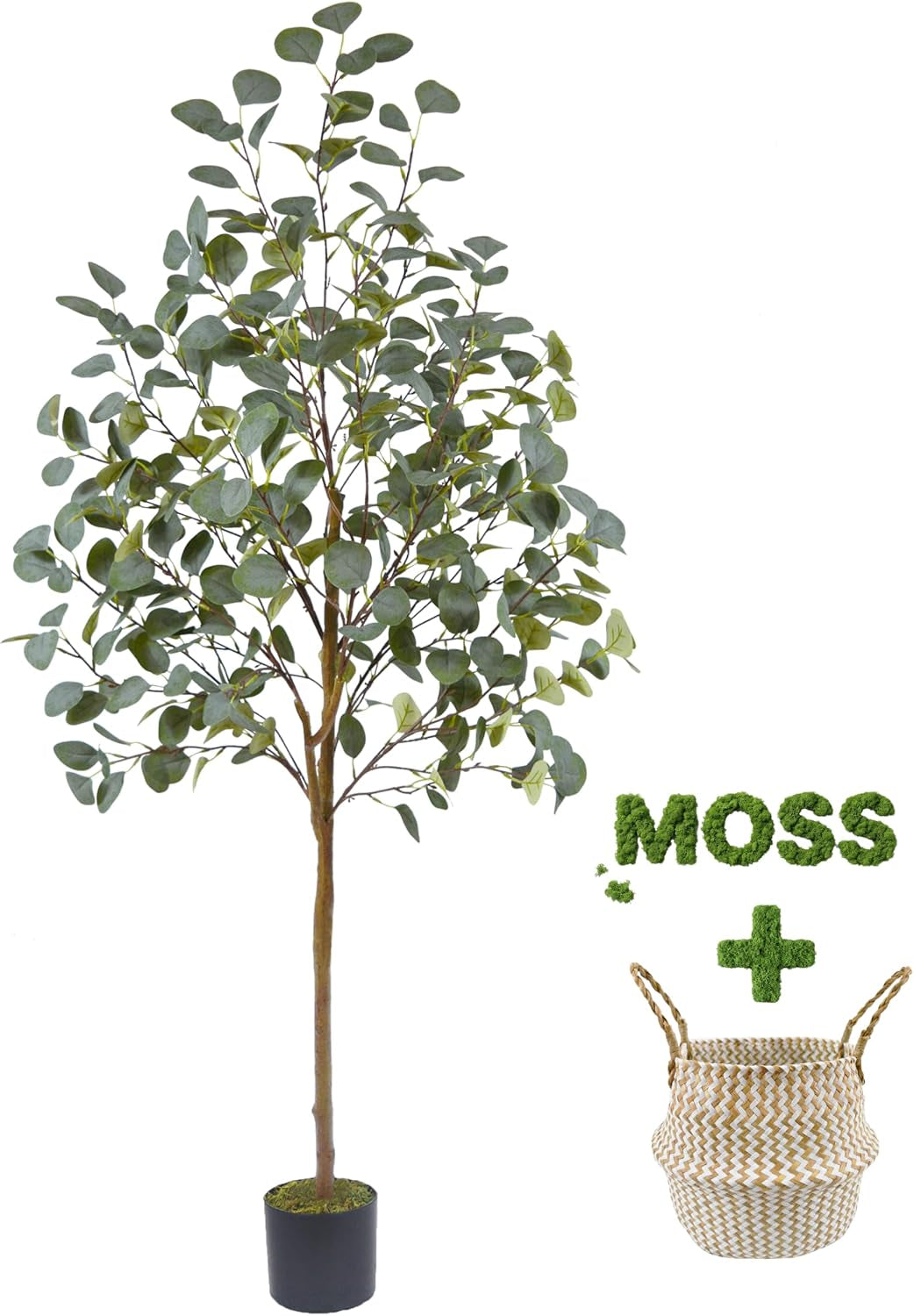 Single artificial eucalyptus tree on a white background with a small black nursery pot and a woven basket shown to the side.