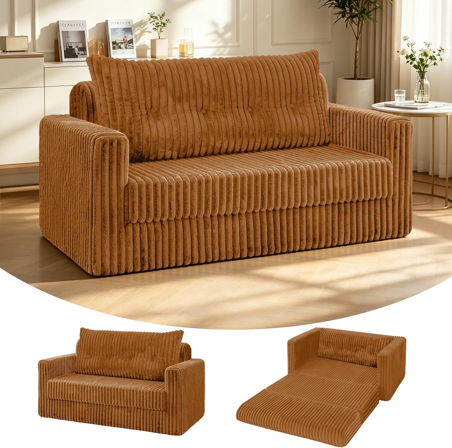 Brown ribbed loveseat in a living room with two small insets showing the sofa upright and fully extended as a bed.