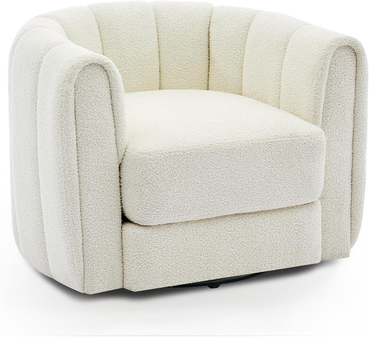 Front three-quarter view of a cream swivel barrel chair on a white background.