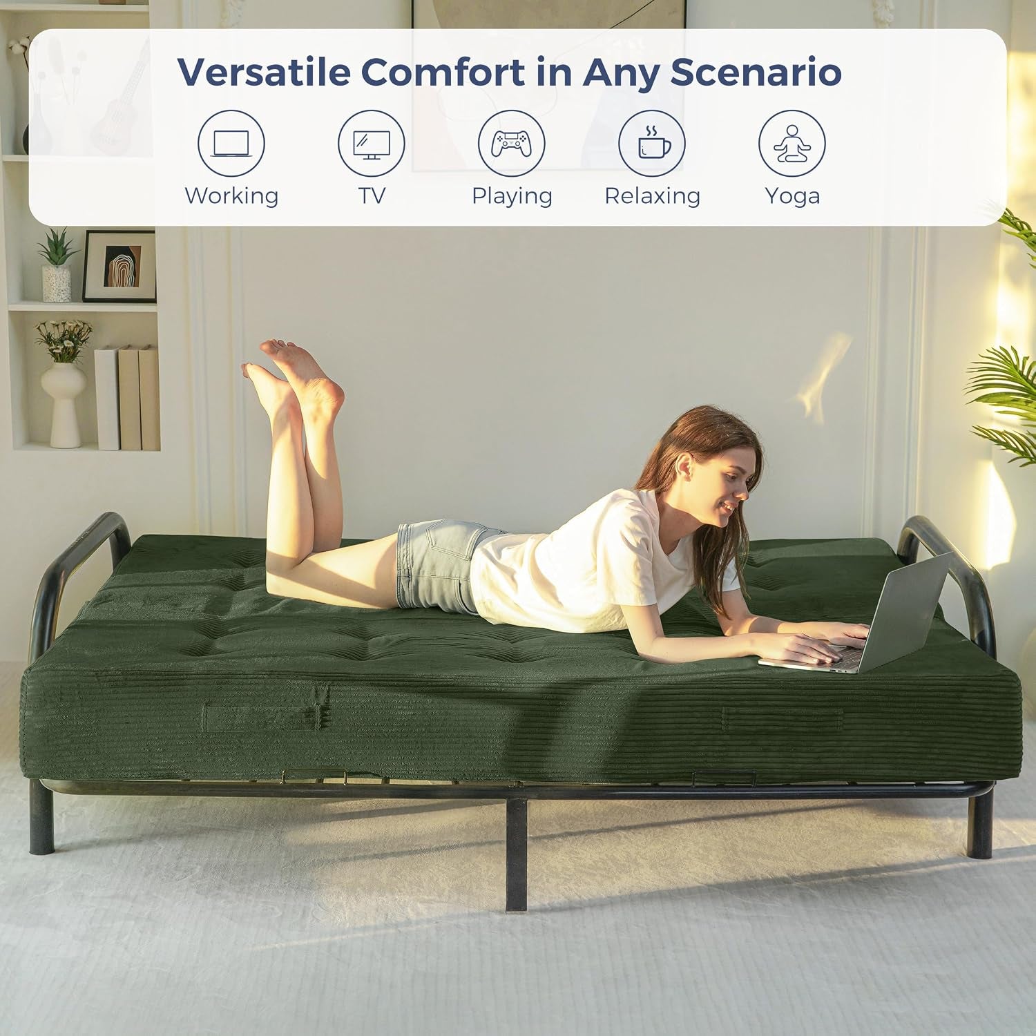 Woman seated cross-legged on a dark green tufted futon mattress with closeups of handmade tufted button and dual handle