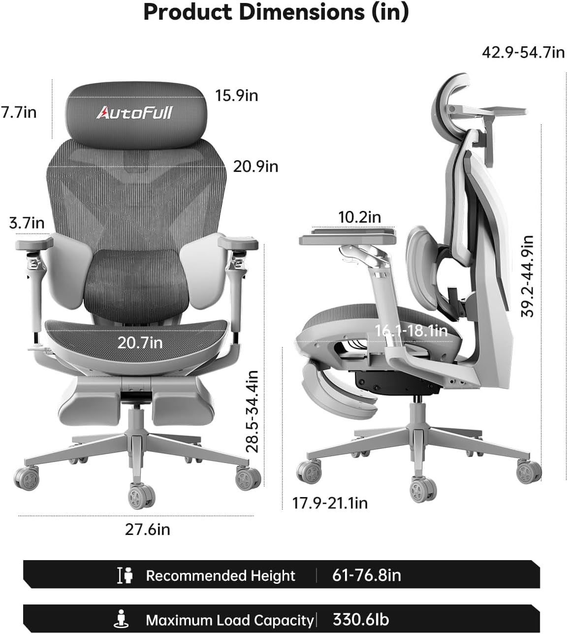 Front and side dimension diagram of the white gaming chair with labeled seat, back and height measurements
