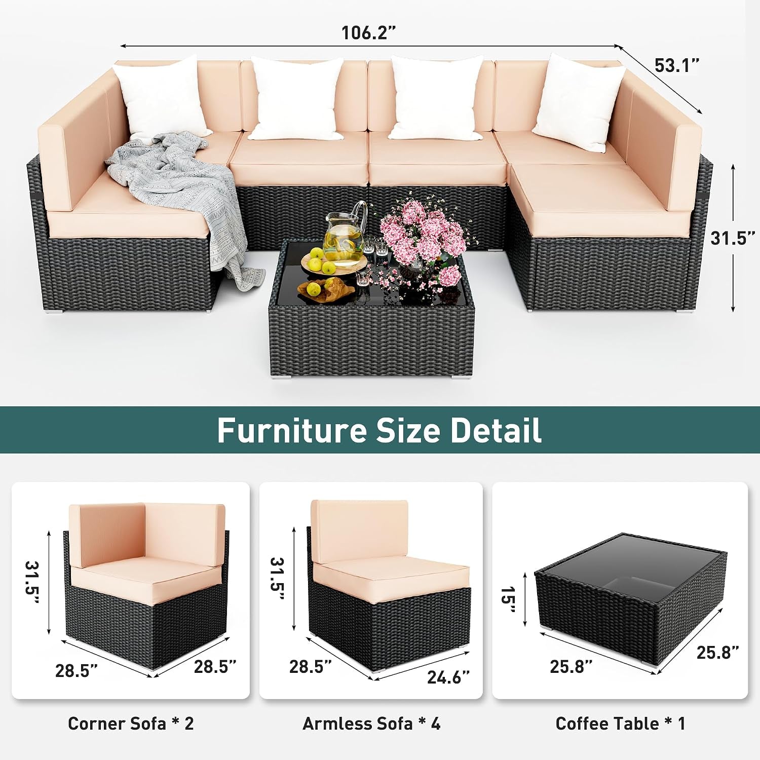 Diagram showing overall layout and measurements for the 7-piece sectional and coffee table with dimension callouts
