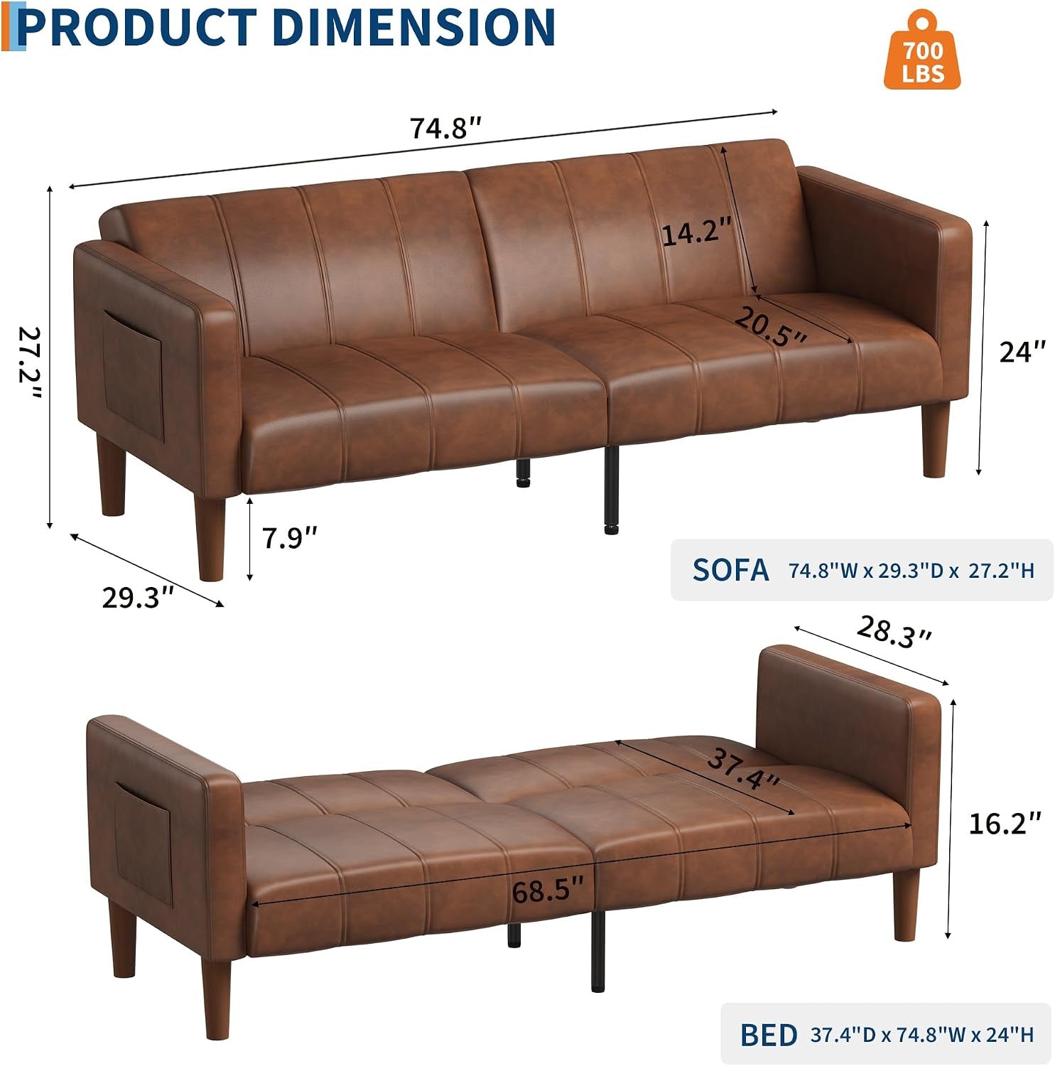 Dimension diagram showing 74.8" width and other measurements for the brown faux leather sofa bed