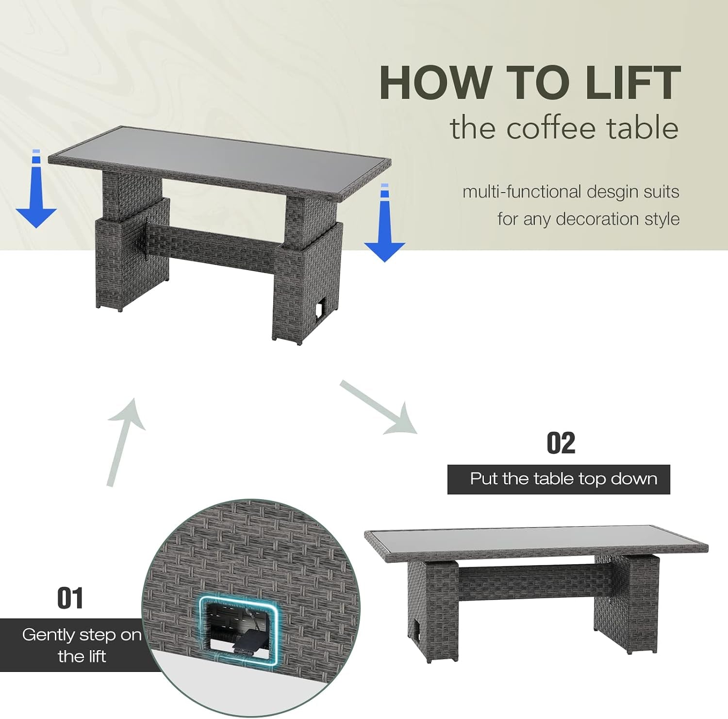 Illustration of how to lift the table top with arrows and a magnified view of the foot-operated lift mechanism.