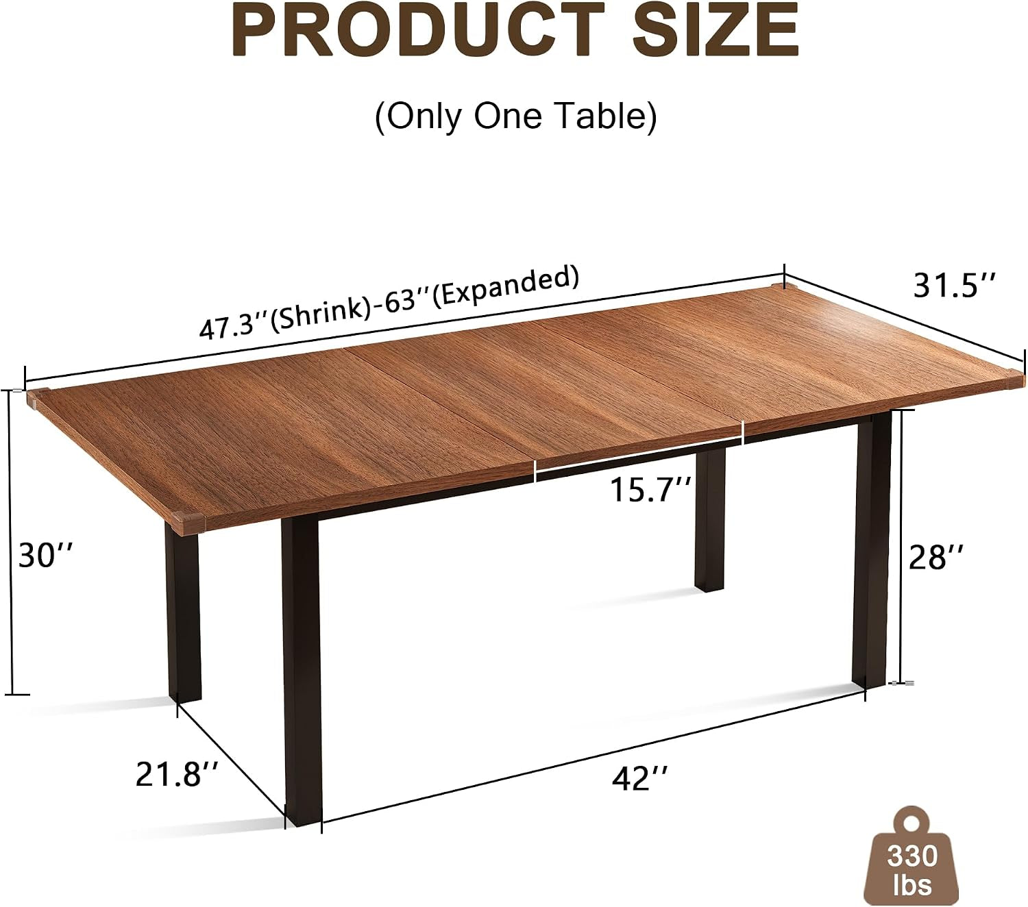 Diagram of table with dimensions labeled showing 47.3" closed and 63" expanded, depth and height measurements