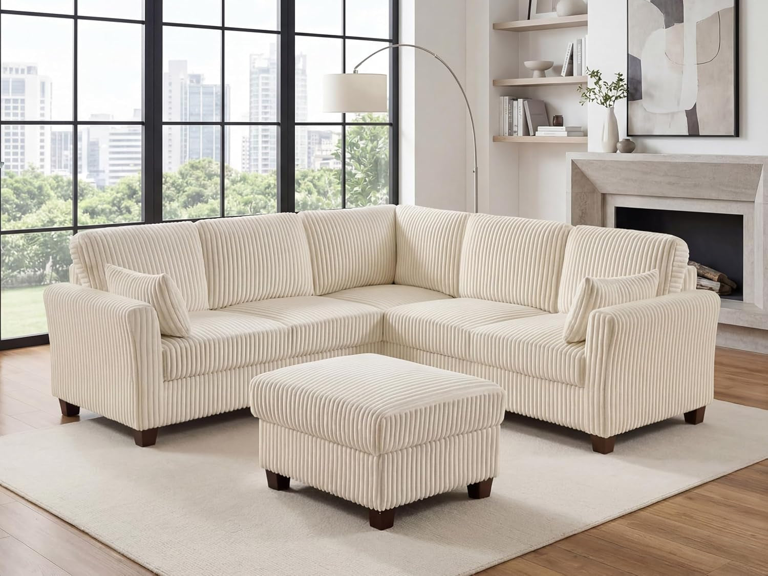 Beige corduroy L-shaped sectional with storage ottoman shown in a bright living room angled front view