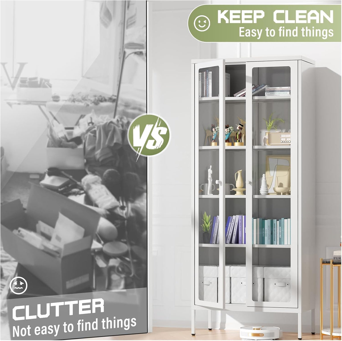 Split scene comparing a cluttered space to a tidy room with the white glass-front cabinet on the right