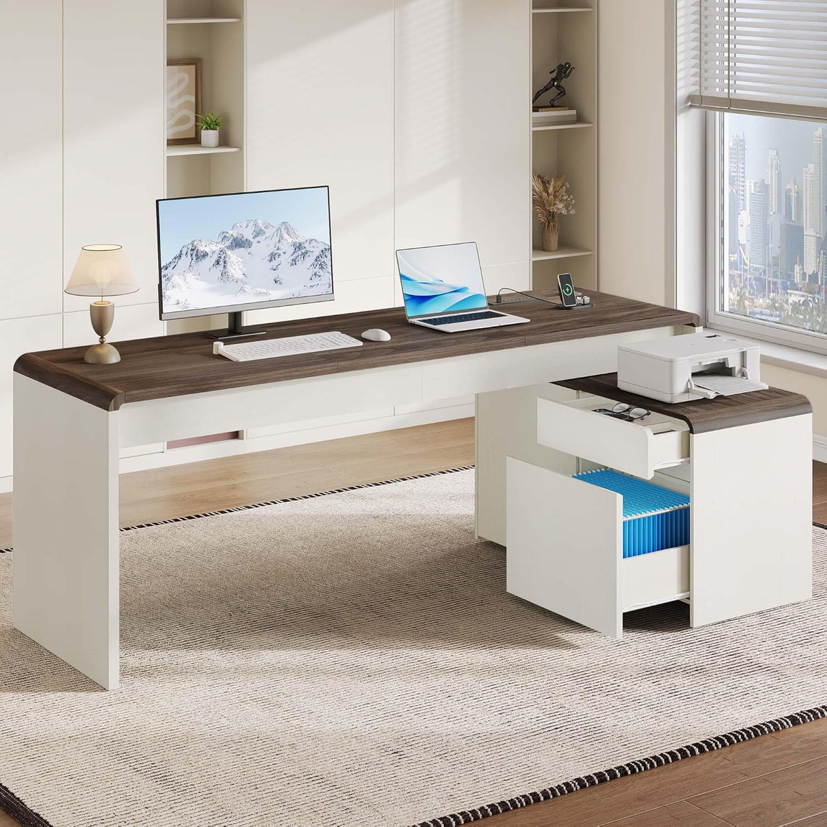 Home office scene showing the white desk with walnut top and the detachable cabinet placed at the right to form an L-shaped,