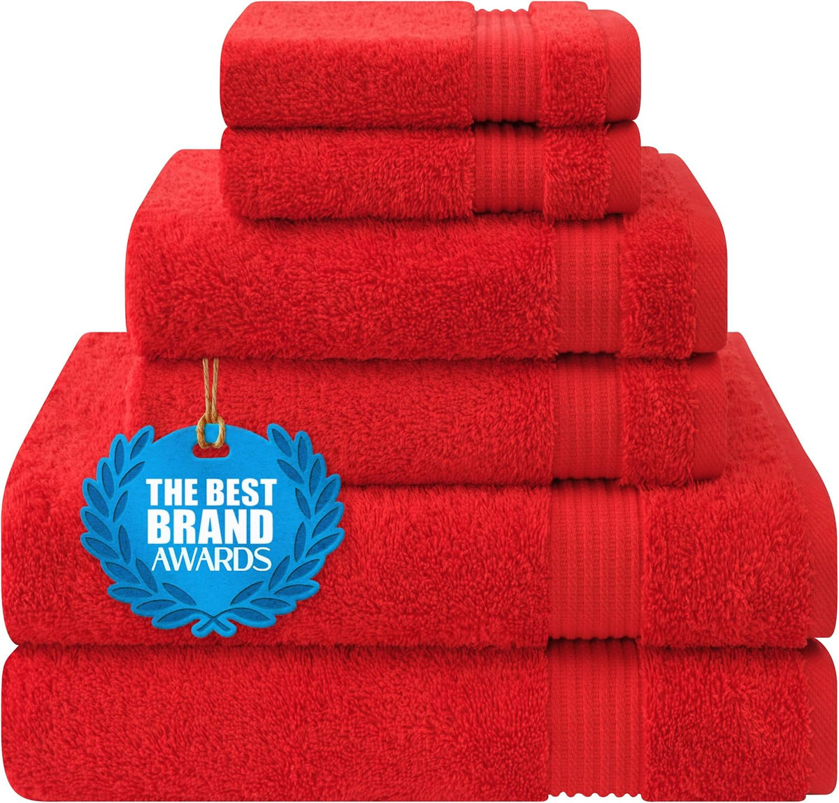 Bright red towels stacked in descending sizes with a blue award tag displayed on the front.