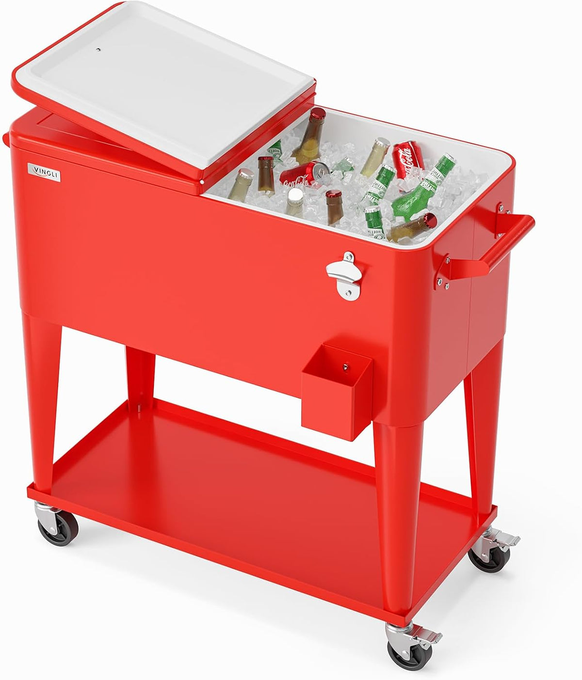 Red rolling ice chest with open lid showing bottles in ice, side handle and lower shelf with caster.