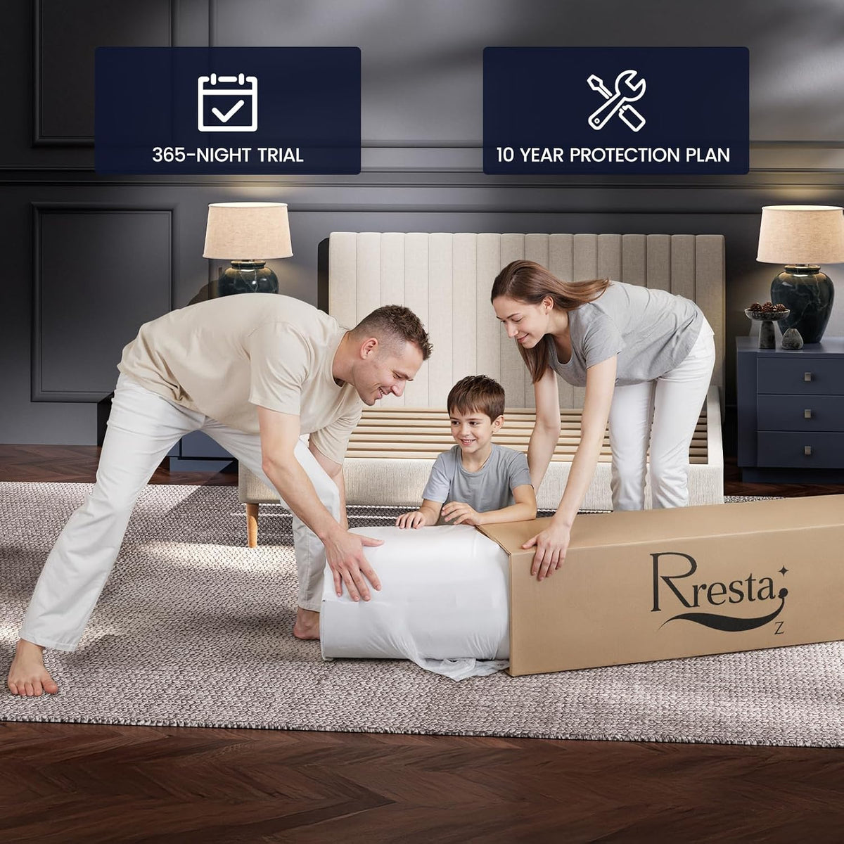 Family unrolling a compressed mattress from a box in a bedroom with trial and protection plan icons above