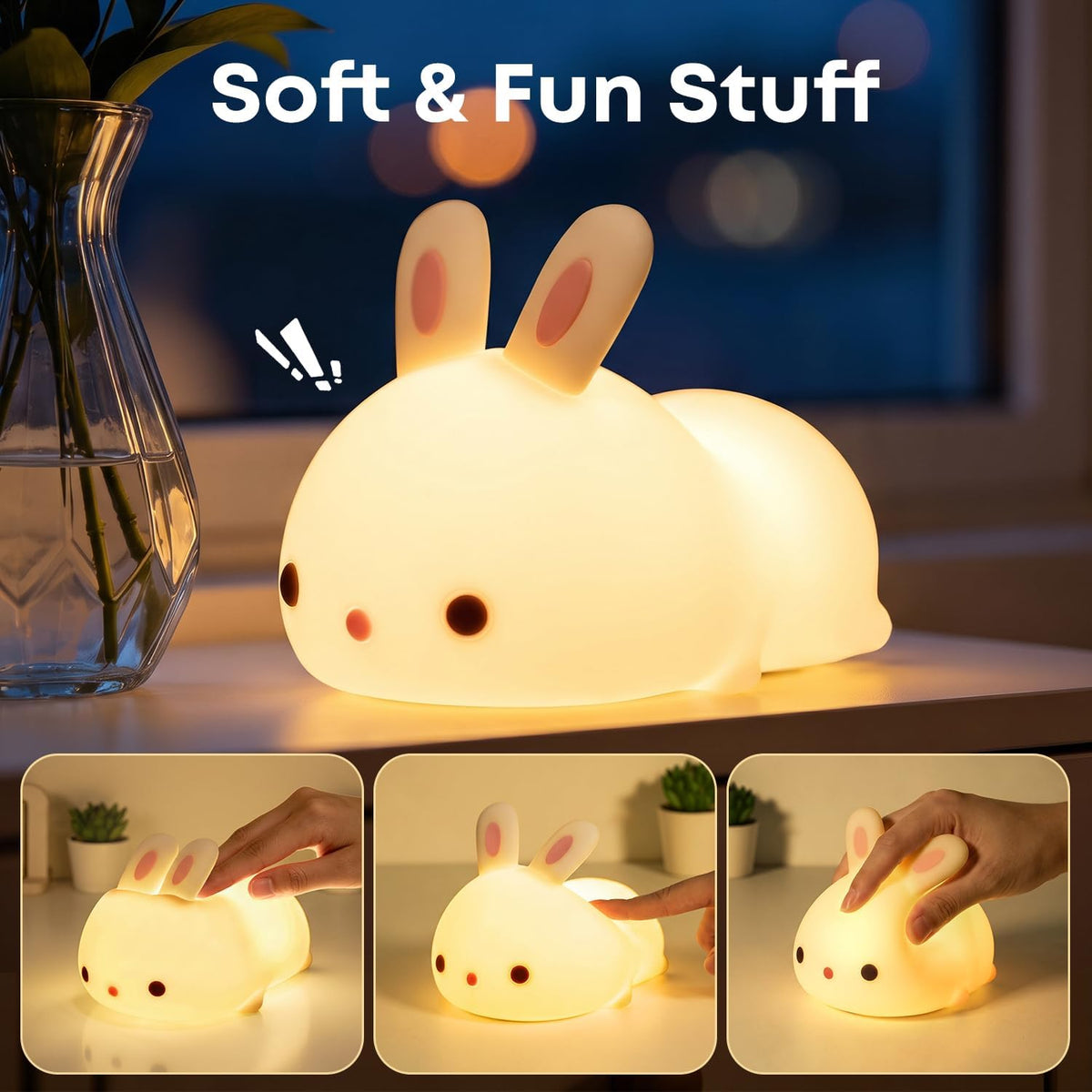Bunny night light glowing on a tabletop near a glass vase at night, angled front view