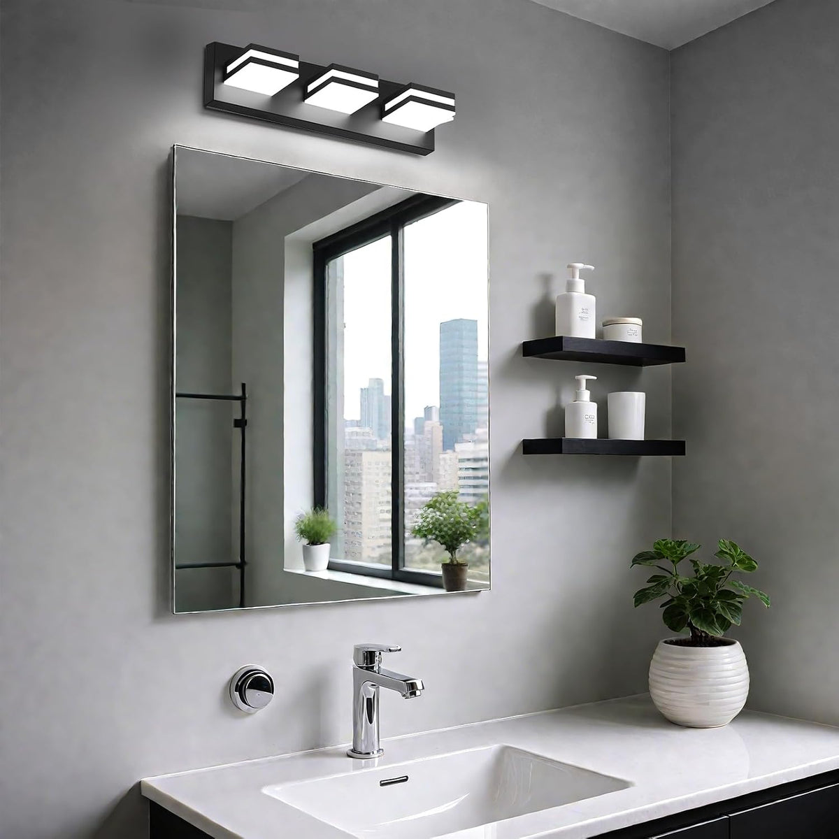 Close view of the rectangular three-light LED fixture above a mirror, with floating shelves and a potted plant on the