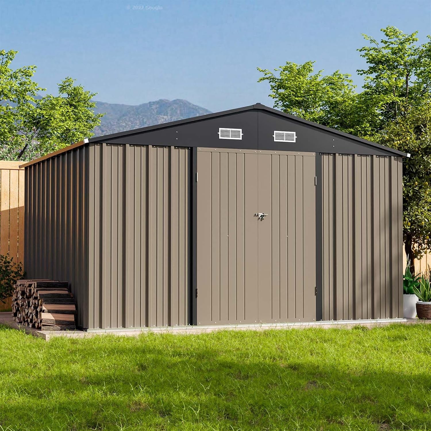 Head-on front view of a brown metal shed with double doors and black peaked gable vents on a grassy lawn.