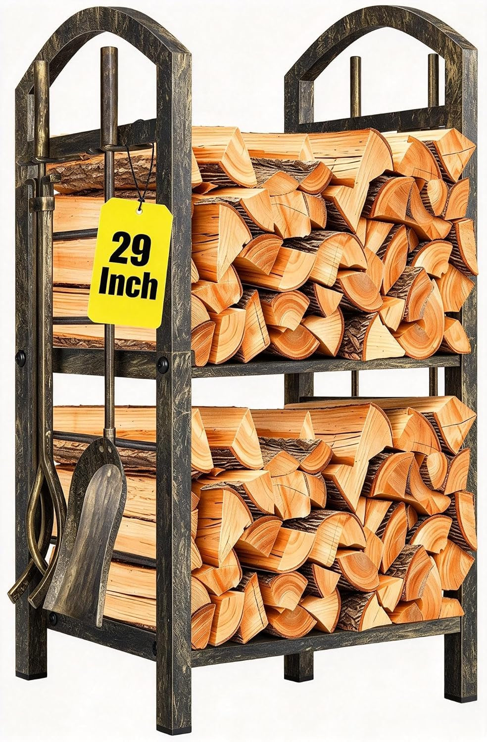 Two-tier wrought-iron firewood rack filled with stacked split logs and hanging fireplace tools, a yellow size tag visible.