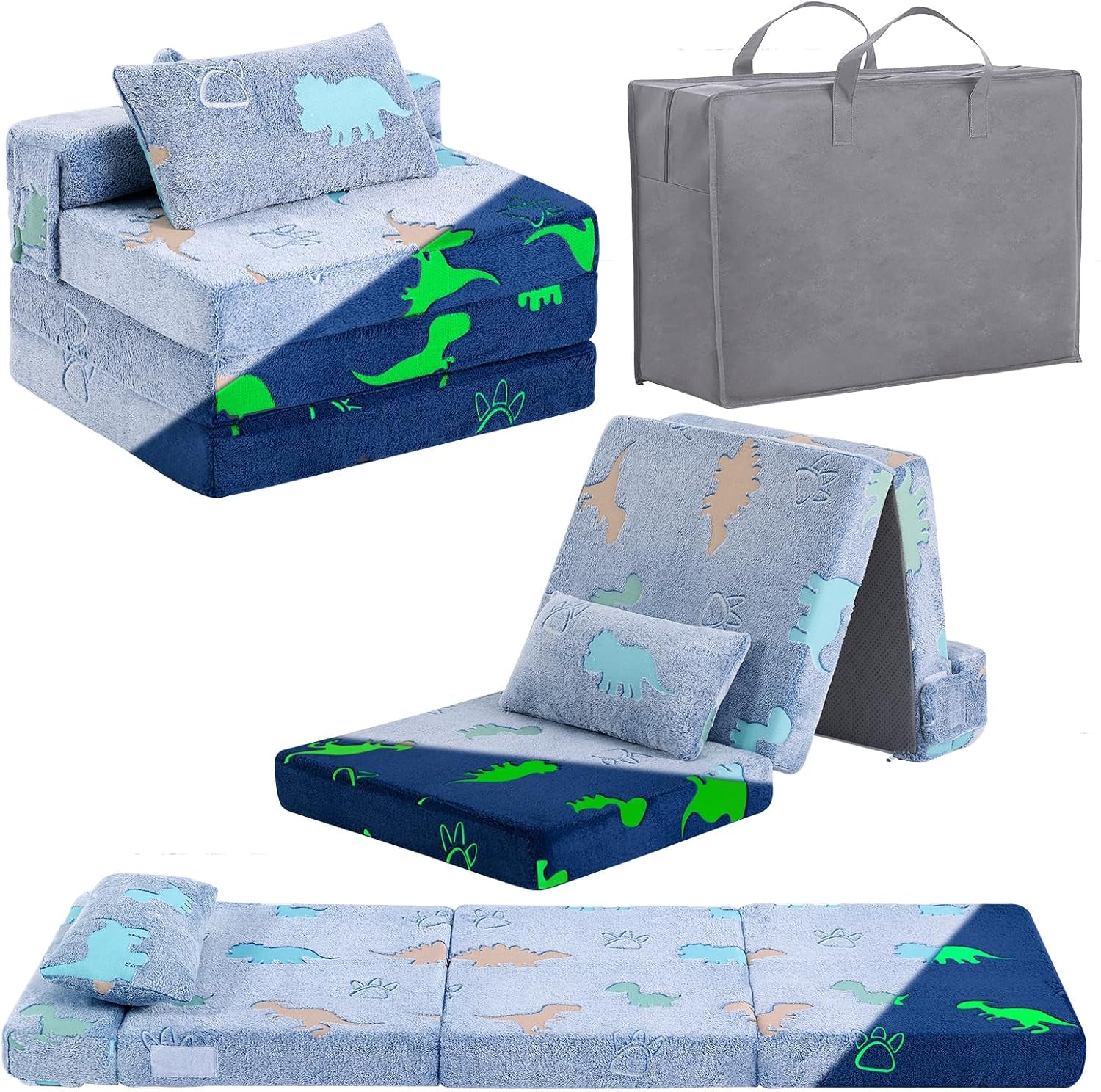 Blue dinosaur-print tri-fold mattress shown folded, propped as tent, and flat with gray storage bag