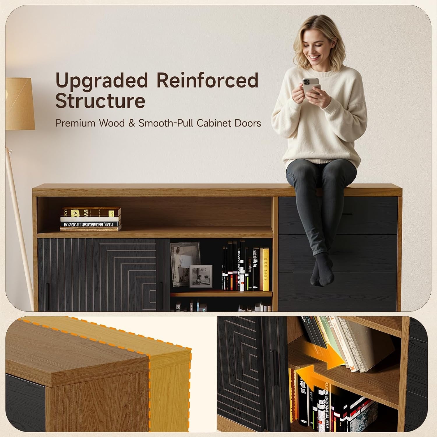 Bookcase and file cabinet in oak brown showing open shelving, smooth-pull drawer fronts and storage close-up