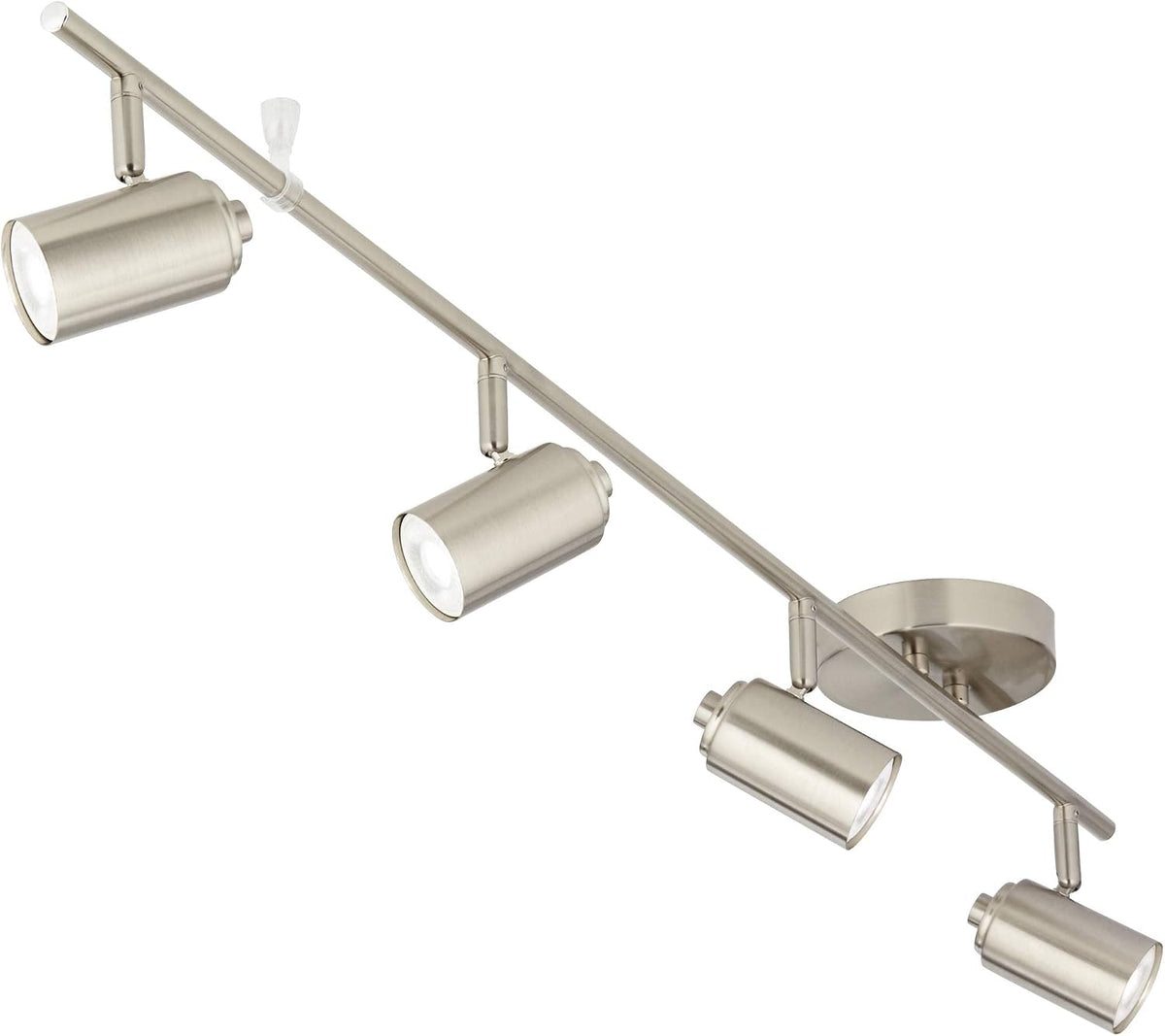 Three-quarter overhead perspective emphasizing the round canopy and three adjustable cylindrical light heads pointed