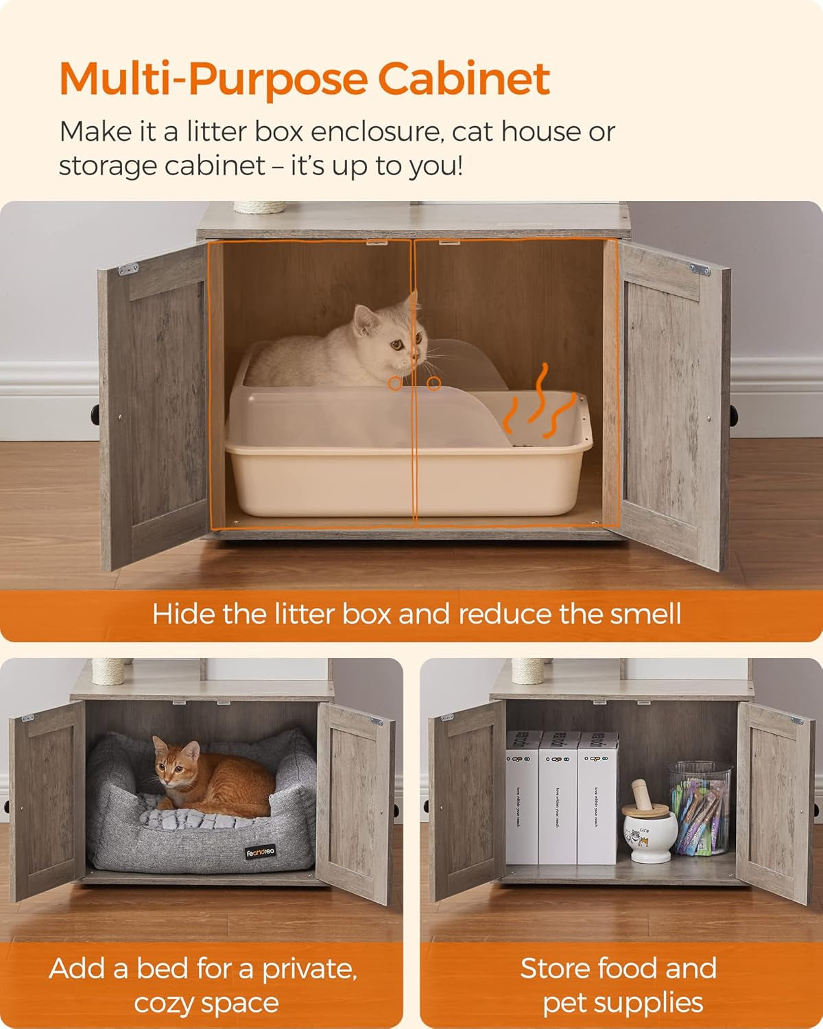 Open lower cabinet showing a hidden litter box inside the wood-tone enclosure with both doors open