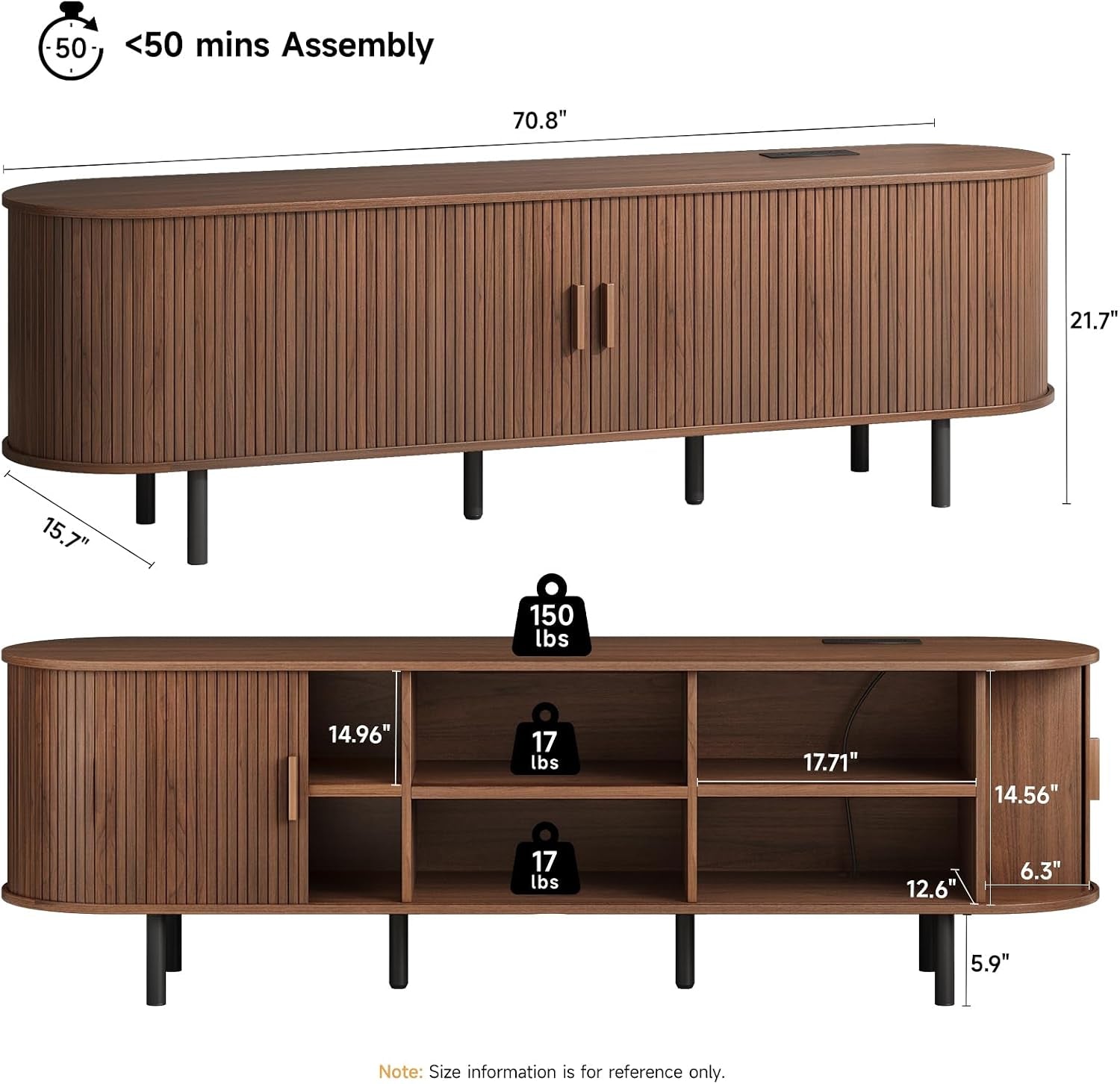 Technical diagram showing 70.8" width, 21.7" height, 15.7" depth and internal shelf layout
