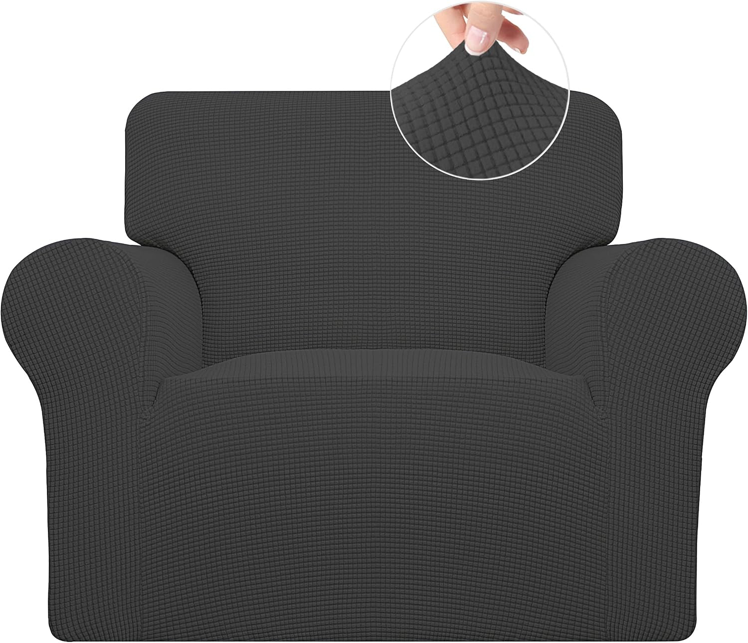 Front view of a single armchair covered in charcoal fabric with a circular inset showing fingers stretching the material