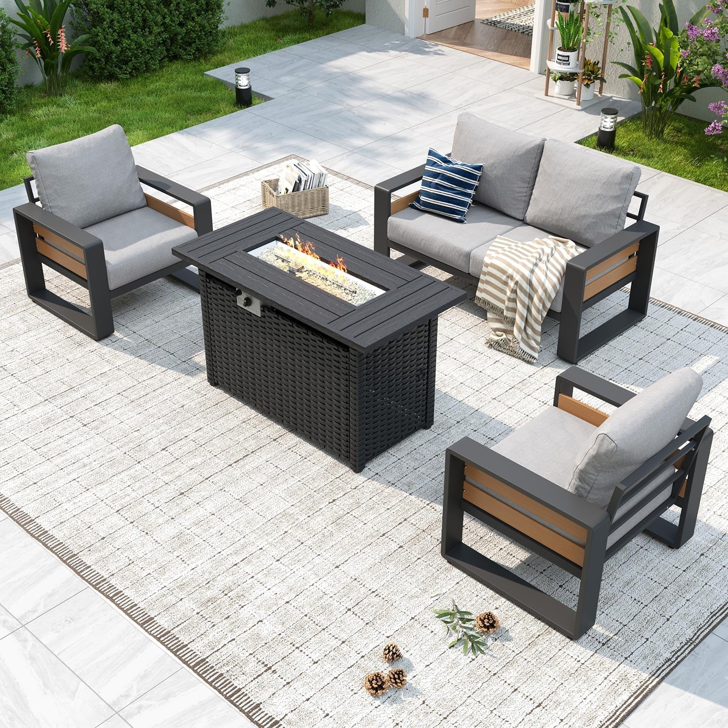 Overhead view of a patio set with two armchairs, a two-seat loveseat, and a rectangular fire-pit table.