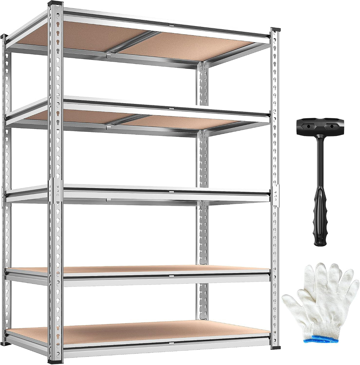 Close-up of shelving frame and shelves next to a black plastic mallet and white cotton work gloves.
