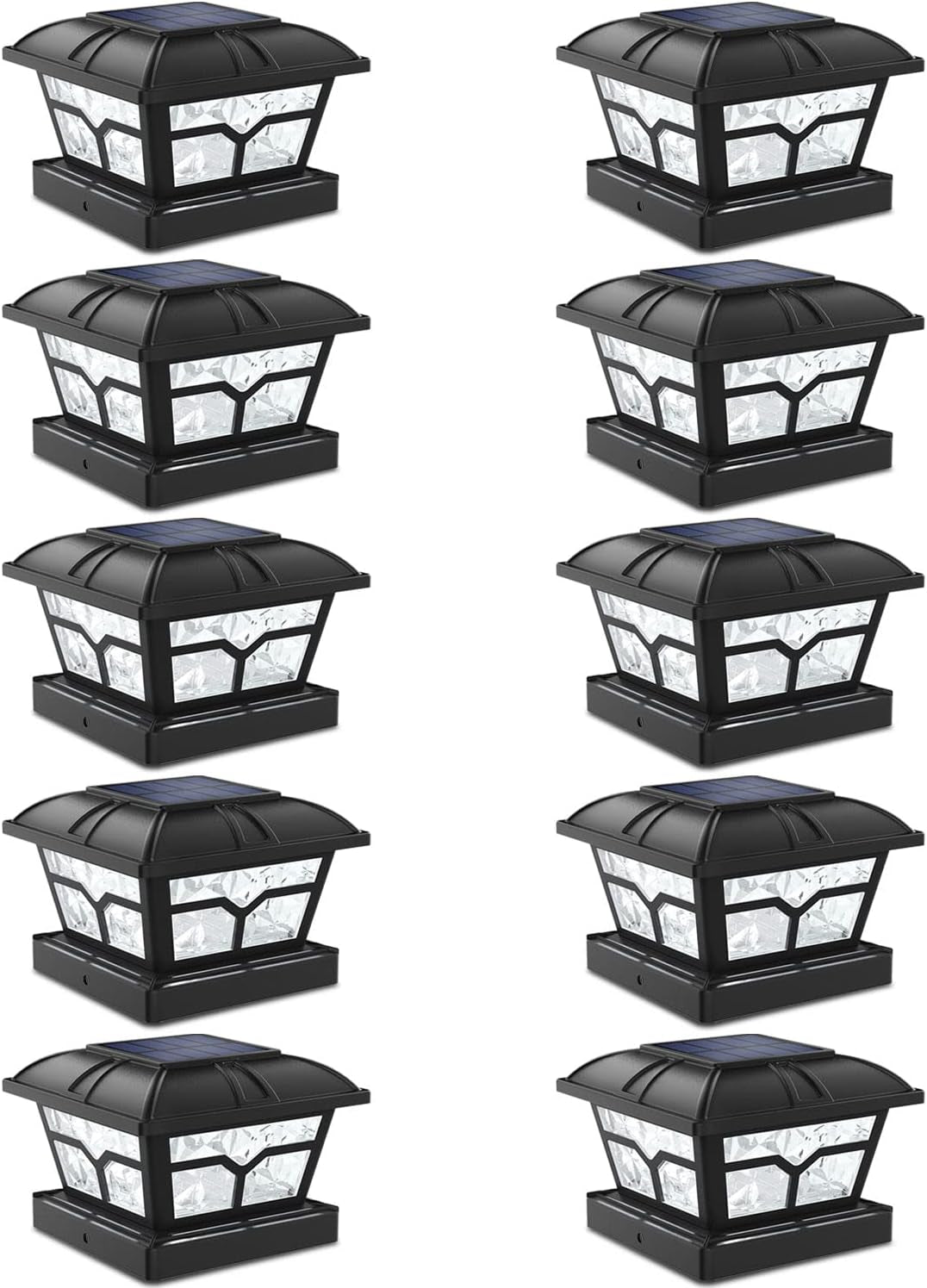 Eight black post cap lights with clear faceted panels and solar panels on top.