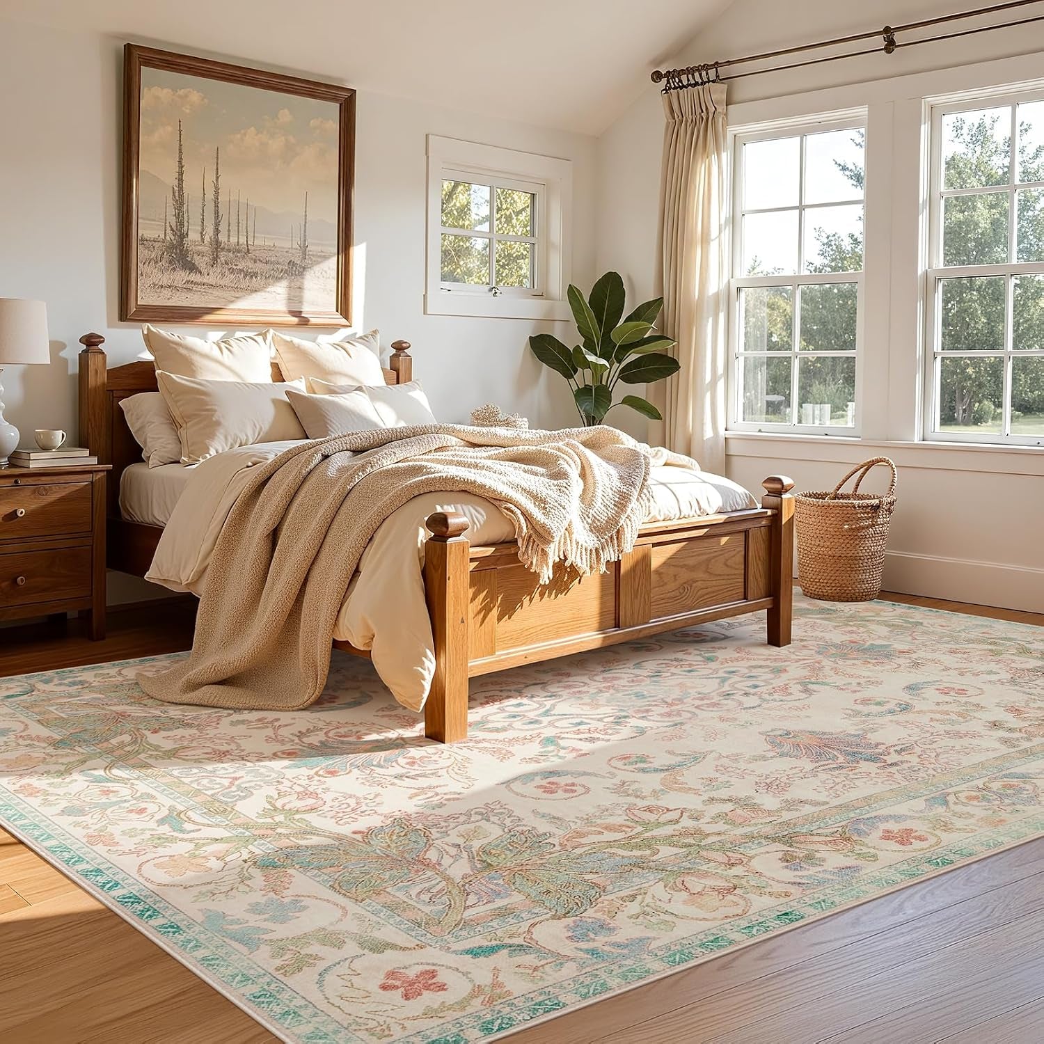Beige medallion floral area rug placed under a wooden bed in a sunlit bedroom setting