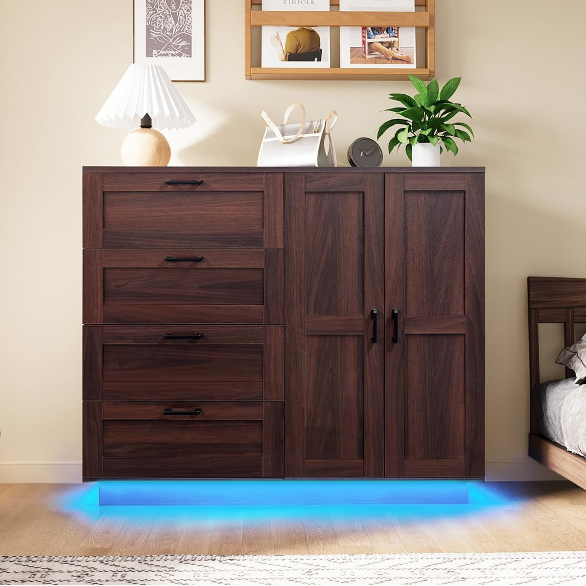 Closed espresso armoire with double doors and four drawers, blue LED underlighting visible at the base