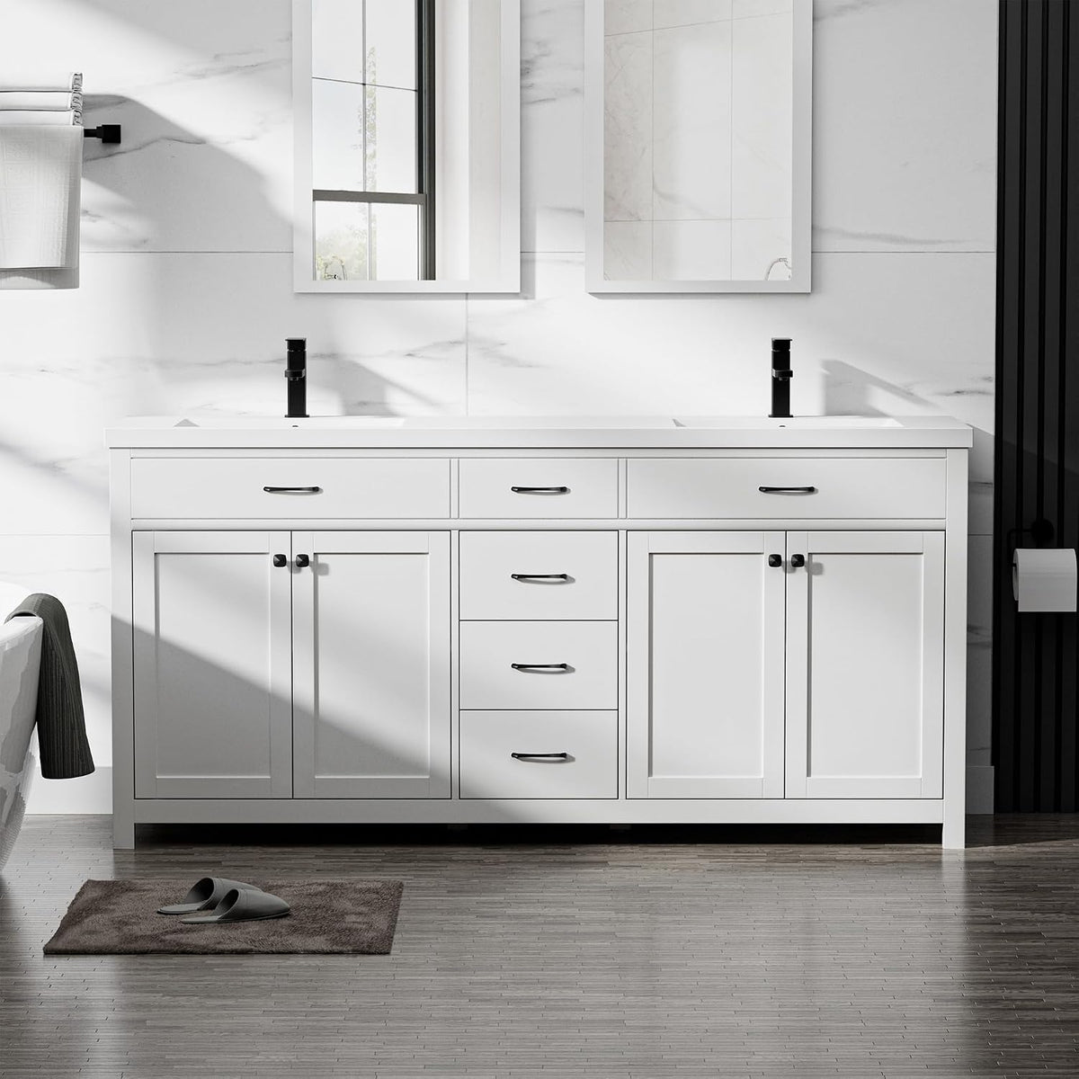 White double-sink bathroom vanity with painted MDF cabinet and matte-black faucets, front view in staged bathroom