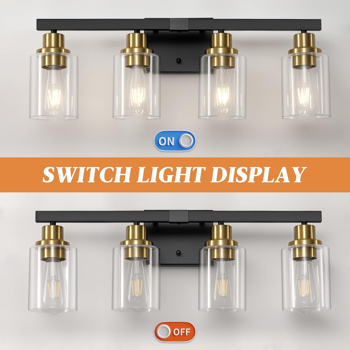 Top-down view of the four clear-glass shades showing the fixture lit and unlit with on/off icons between views.