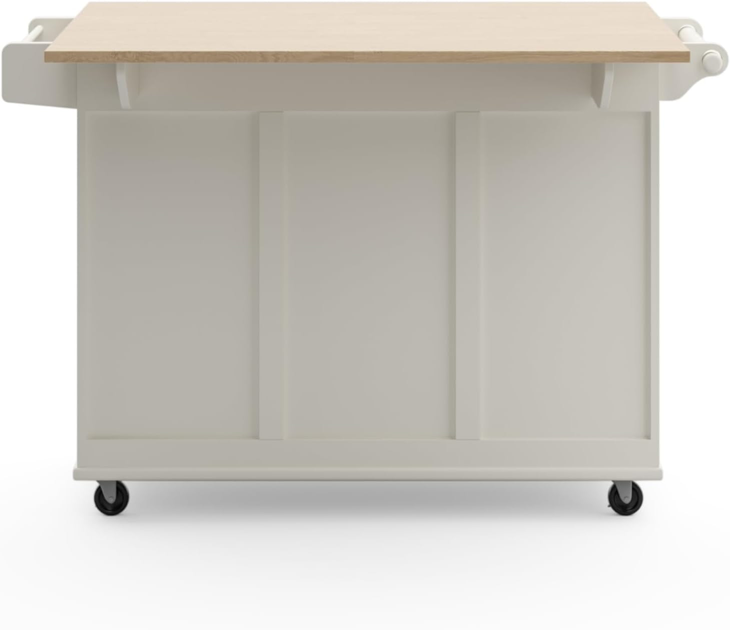 Rear view showing simple paneled back, raised wood top and two caster wheels at base against a white background.