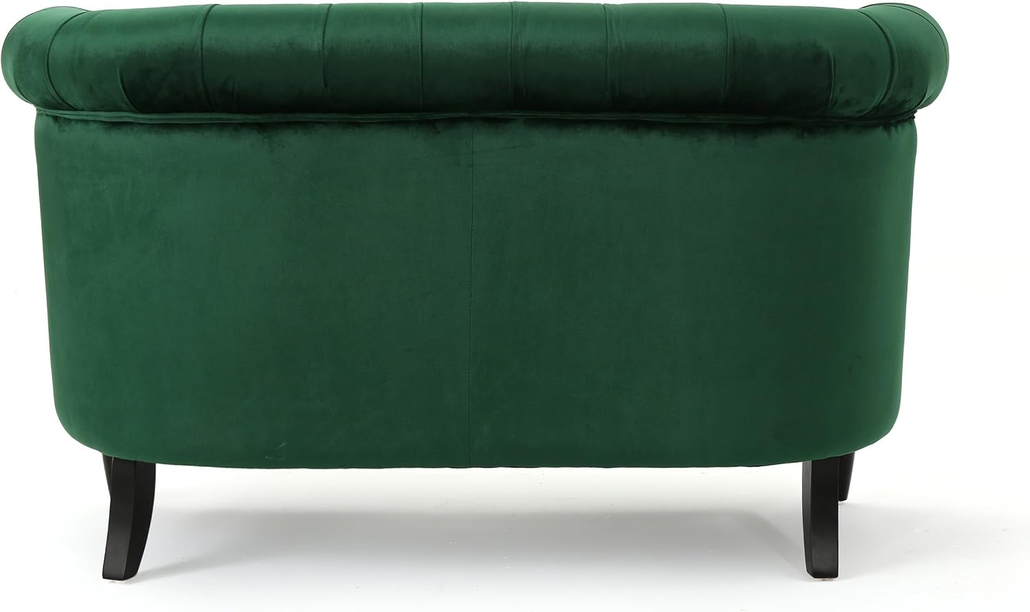 Straight-on rear view of emerald loveseat highlighting smooth back panel and two black legs
