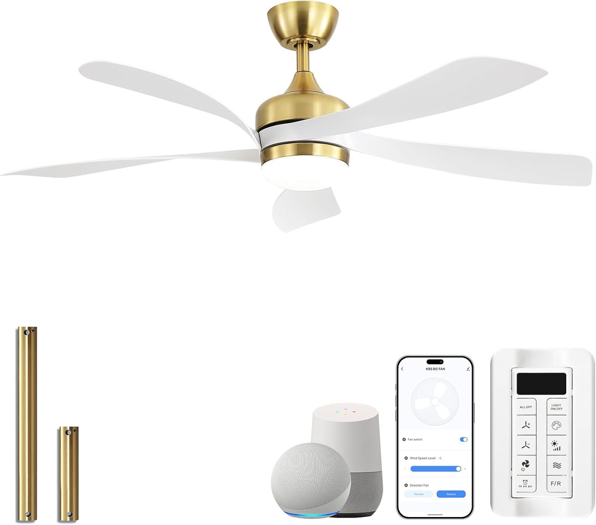 Gold-finished ceiling fan with five white blades on white background, included downrods and smart control devices shown below