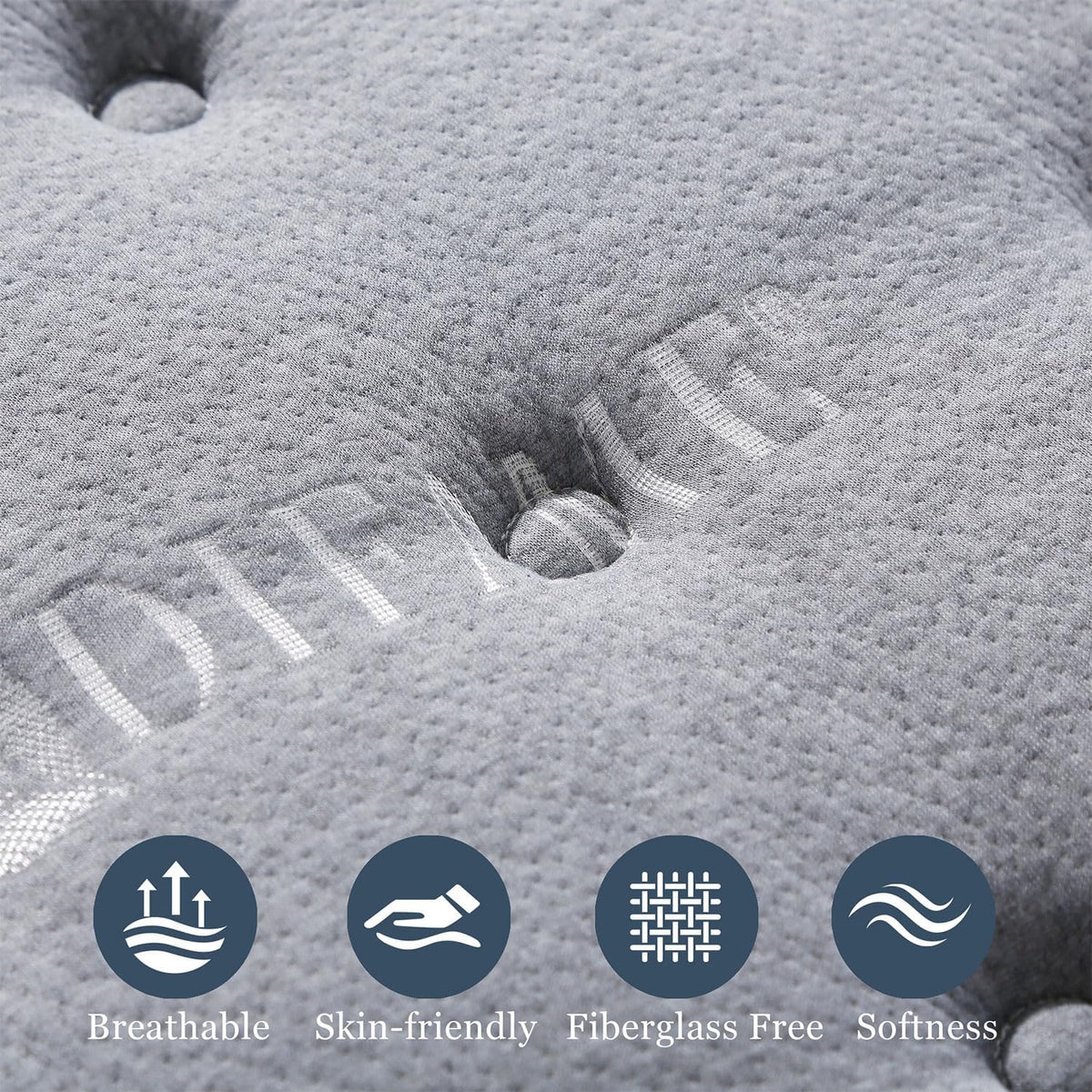 Close-up of the mattress top showing textured gray knit fabric and button tufting details.